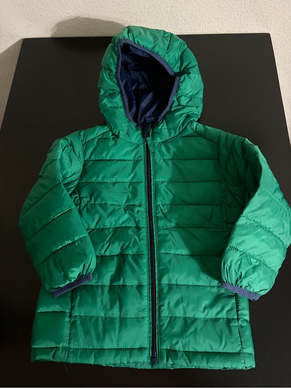 Amazon Essentials Kids Green Hooded Puffer Jacket with Navy Trim